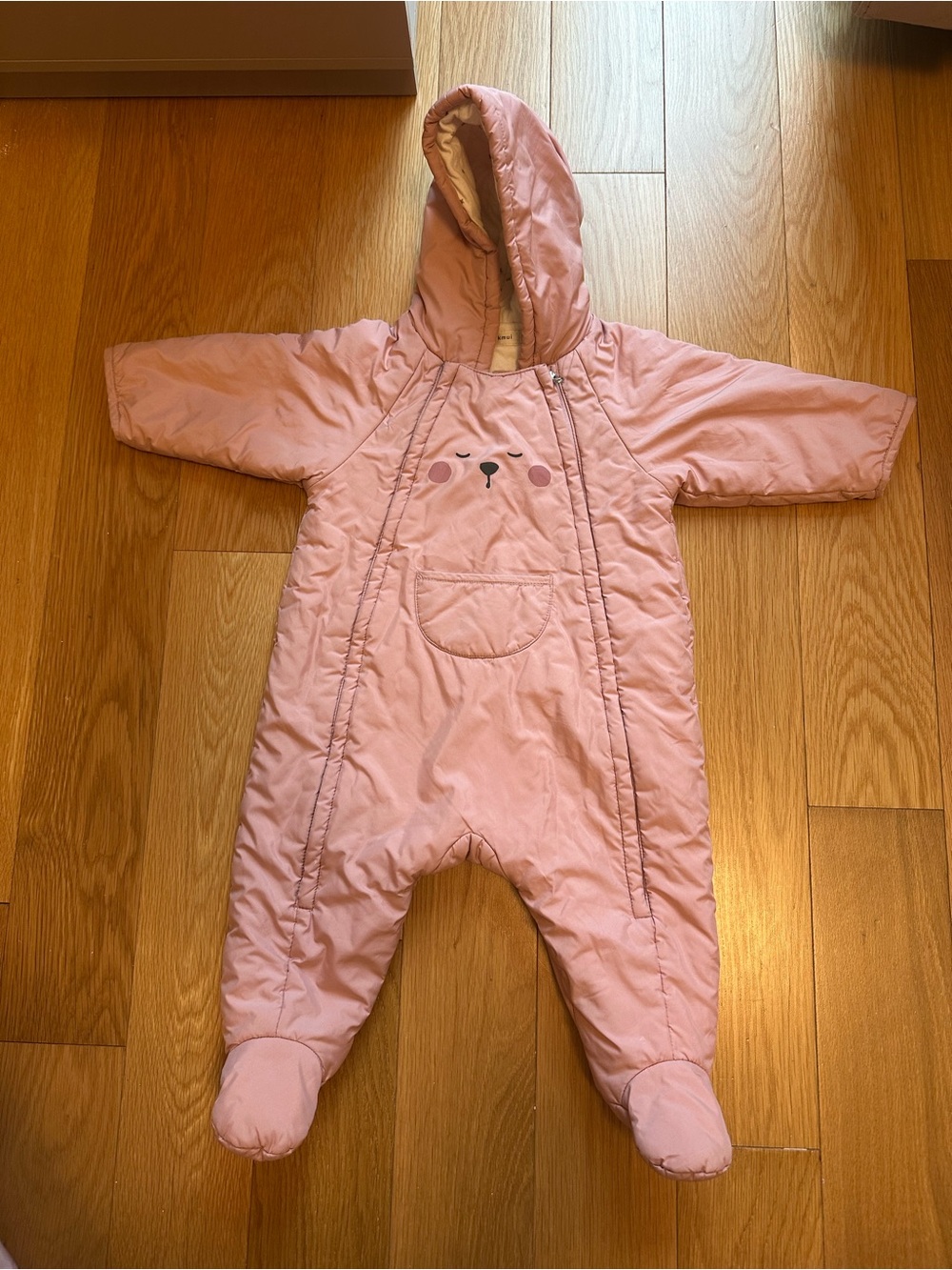 Pink Hooded Baby One-Piece Snowsuit with Bear Face